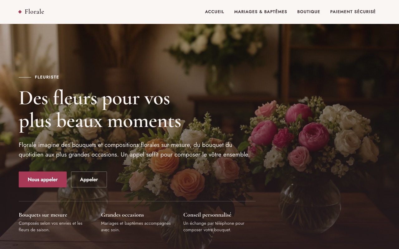 Exemple de site créé par Nova pour une fleuriste : photo de bouquets, titre « Des fleurs pour vos plus beaux moments », menu Accueil, Mariages et baptêmes, Boutique, Paiement sécurisé